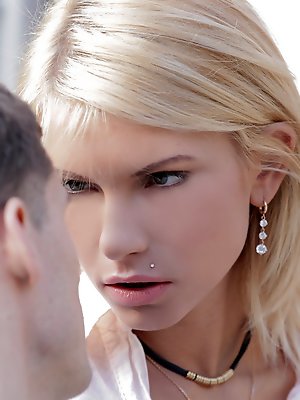 Sassy blonde Karina Grand climbs onto her mans rock hard dick and gives him a ride hell never forget in her bald pussy pics ~ SexyNakedModels.com